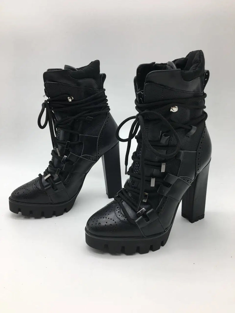 Women Cross-tied Platform Motorcycle Boots Square High Heels Ankle Boots