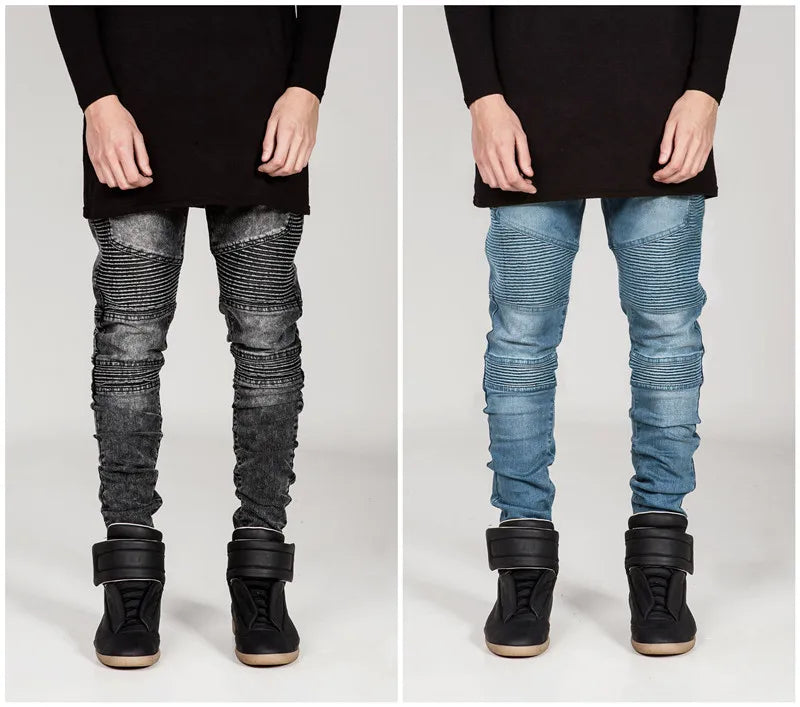 Mens Skinny jeans men Runway Distressed slim elastic jeans denim Biker jeans pants Washed black jeans for men blue