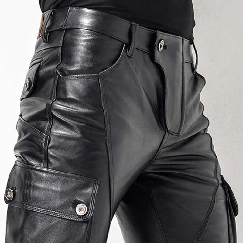 Men Leather Pant Biker Pants Motorcycle Punk Rock Pants man classic pocket leather pants leather trousers