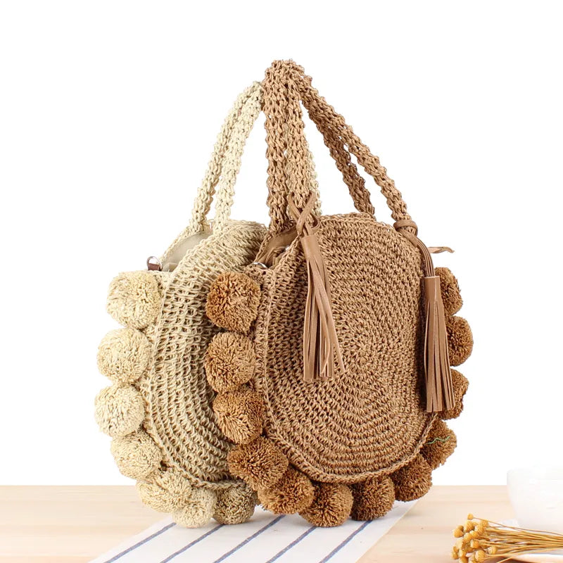 Bohemian Tassel Rattan Women Handbags Woven Crossbody Shoulder Bags Designer Ball Summer Beach Purse