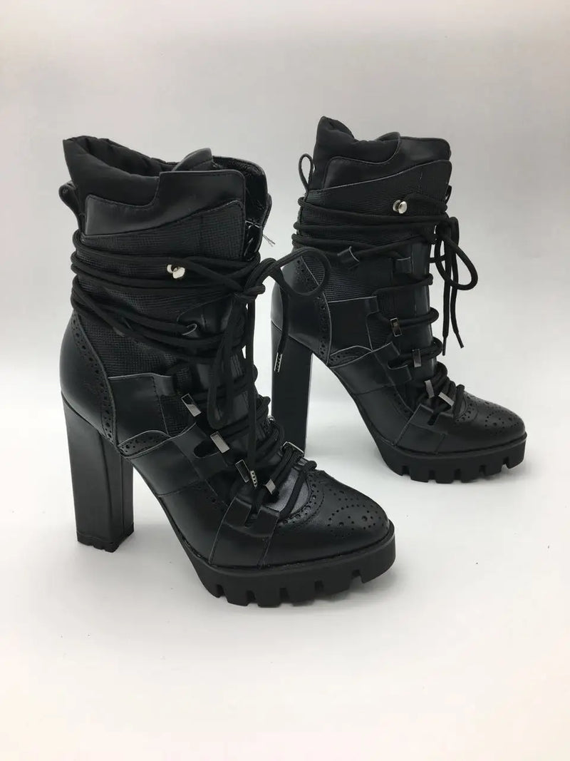 Women Cross-tied Platform Motorcycle Boots Square High Heels Ankle Boots