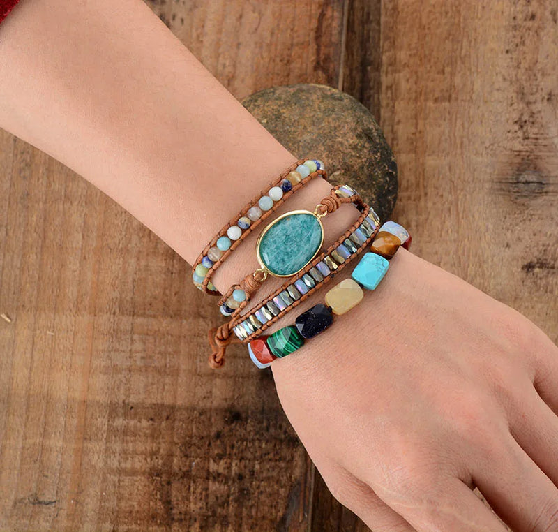 Exclusive Womens Bracelets High End Amazonite Stone Rhinestone Leather Wrap Bracelet Femme Boho Bracelets