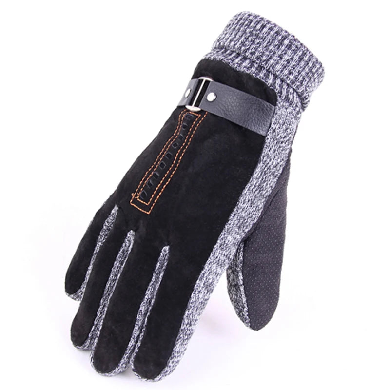 Winter Men's Warm Gloves Leather Gloves Mittens Male Thick Thermal Leather Gloves Men Knitted