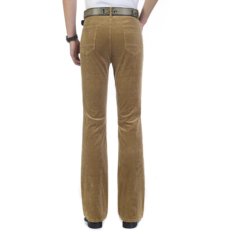 Men's Autumn Spring Corduroy Boot Cut Pants Male Mid Waist Casual Flares Trousers