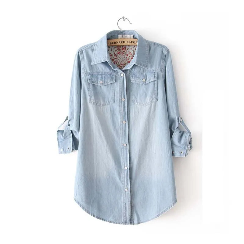 Women Summer Blouse Mid-Long Cute Jeans Shirt Long Sleeve Female Ladies Thin Denim Shirts Blue