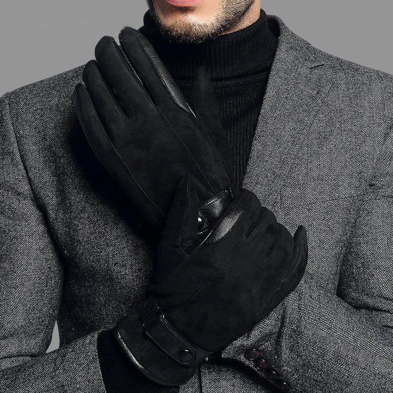 Genuine Leather Gloves Male Autumn Winter Warm Men Black Suede Gloves Wrist Buckle Glove