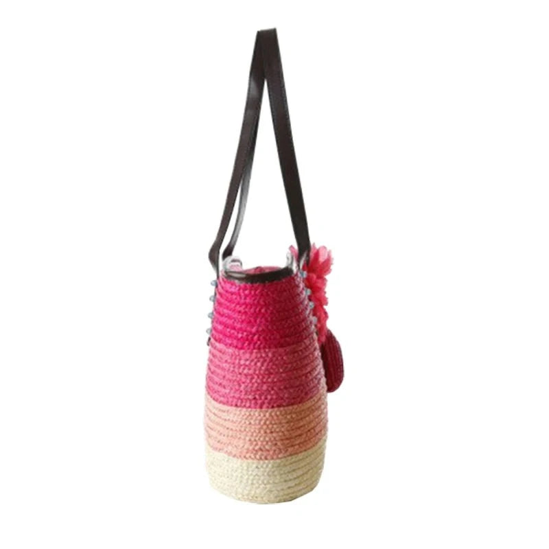 Knitted Straw bag Summer flower Bohemia women handbags stripes shoulder bags beach