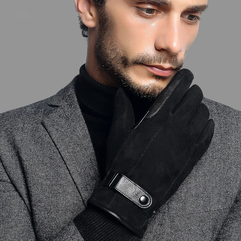 Genuine Leather Gloves Male Autumn Winter Warm Men Black Suede Gloves Wrist Buckle Glove