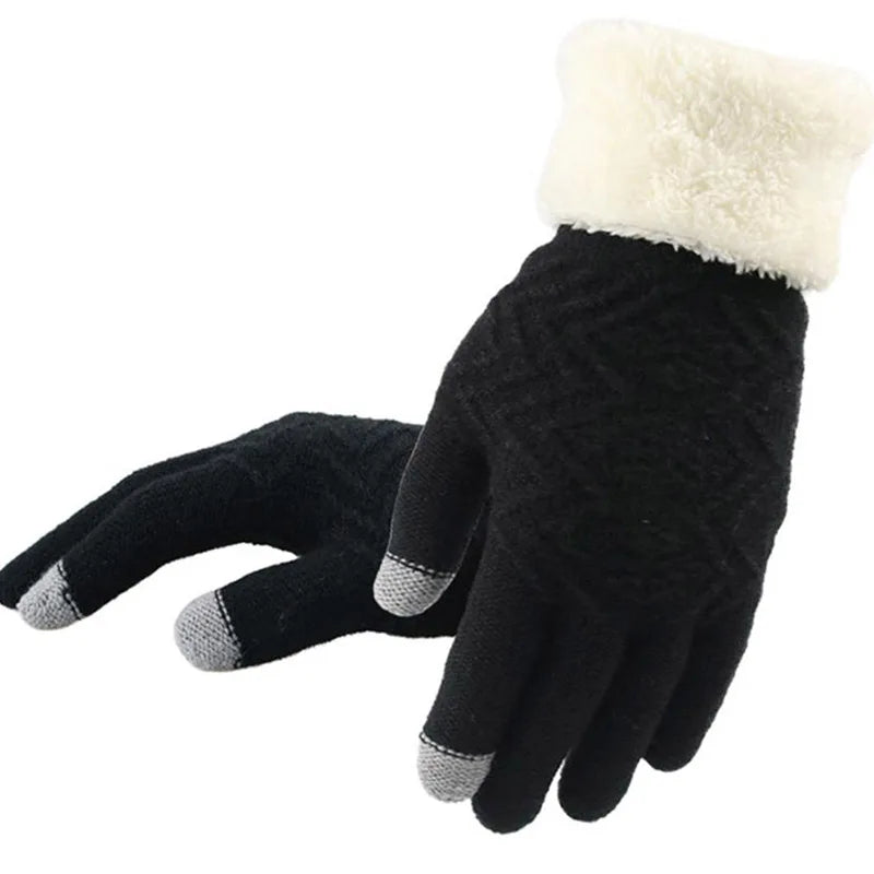 Female Knitted Touch Screen Mitten Winter Women Wool Plus Cashmere Velvet Thicker Warm Full Finger Glove