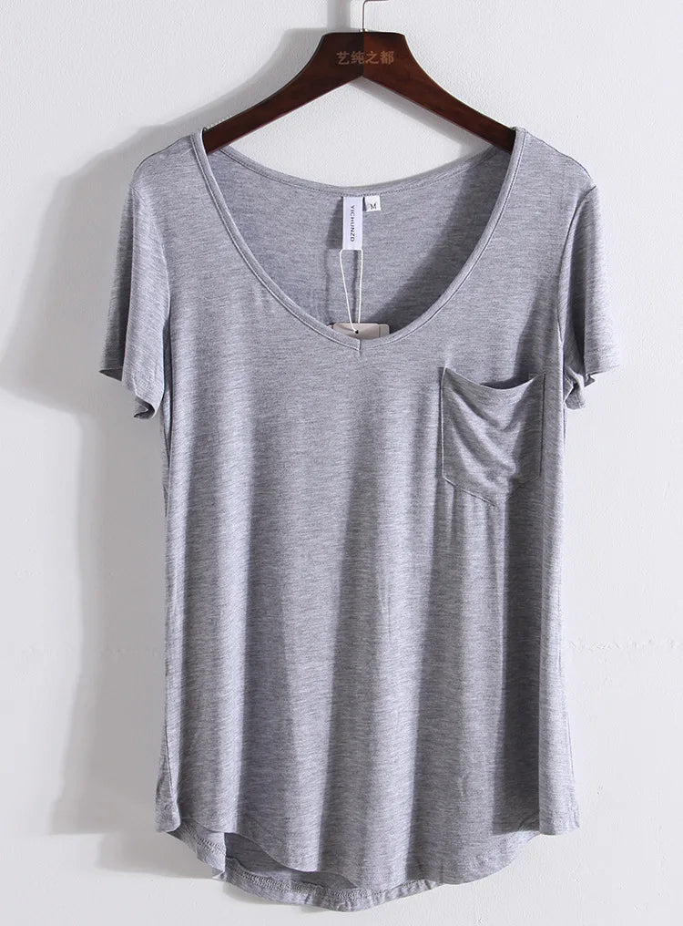 Summer Short Sleeve Loose Women V-neck Pure Color Soft T-shirt