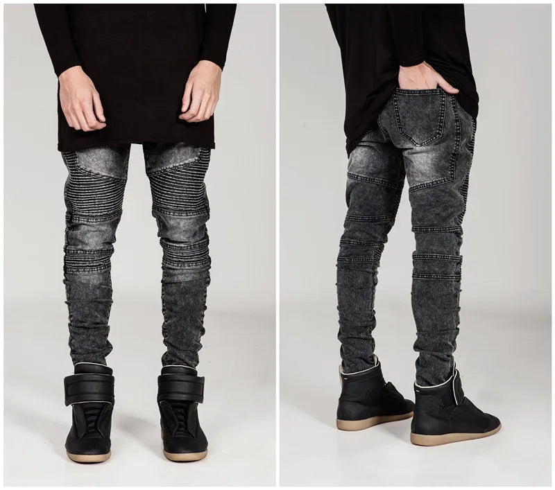 Mens Skinny jeans men Runway Distressed slim elastic jeans denim Biker jeans pants Washed black jeans for men blue