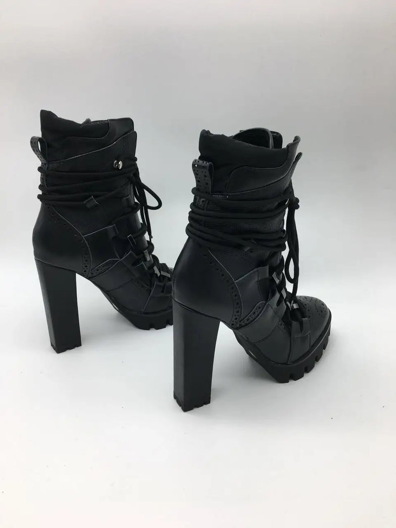 Women Cross-tied Platform Motorcycle Boots Square High Heels Ankle Boots