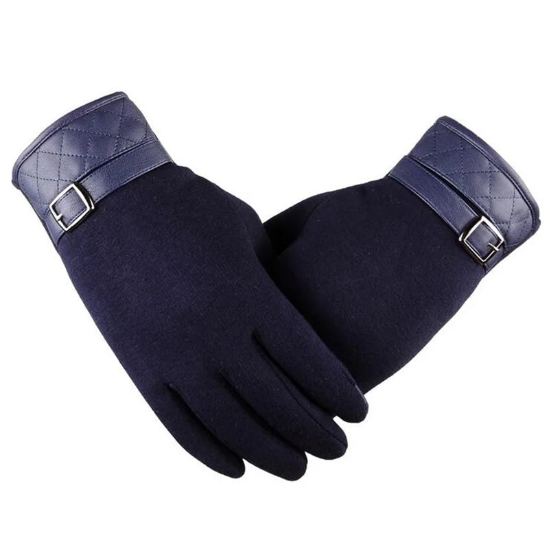 Men's Black Winter Warm Gloves For Wool Leather Wrist Soft Cashmere Touch Screen Gloves