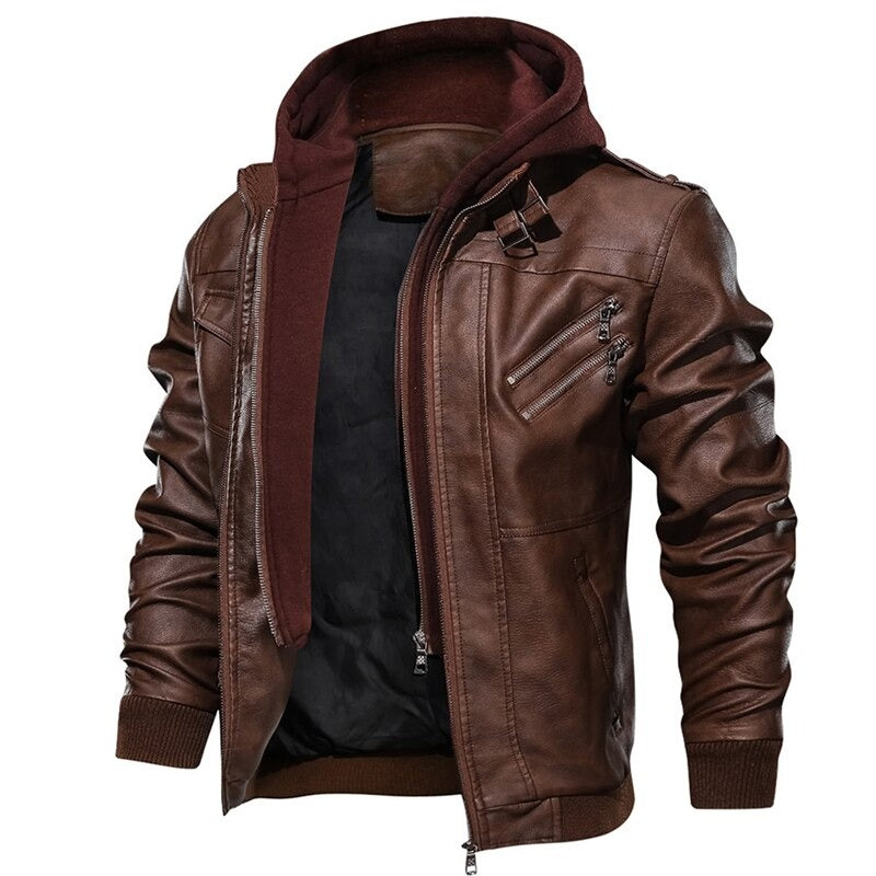 Motorcycle Leather Jacket Men Windbreaker Hooded Jacket Male Outwear Faux Leather Men Jackets Euro