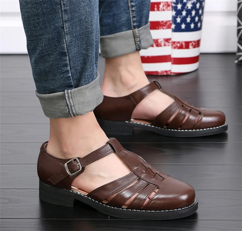 Summer Leather Formal Shoes Men Round Toe Hollow Buckle Sandals Handmade Leisure Soft Sole Sandals