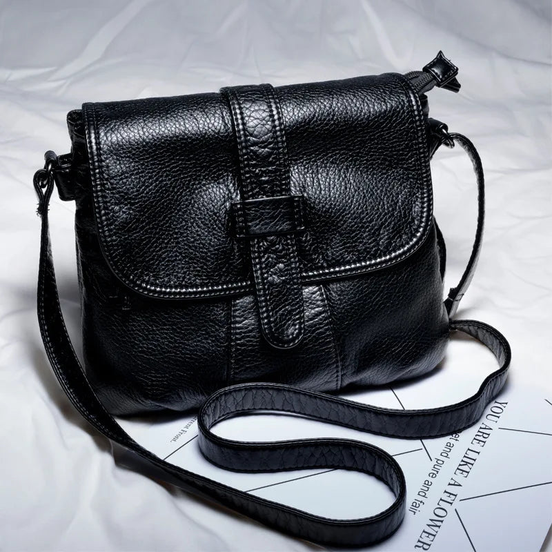 Women Crossbody Bag Black Soft Washed Leather Shoulder Bag Small Size Messenger Bag Quality Lady Purse