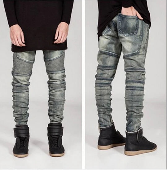 Mens Skinny jeans men Runway Distressed slim elastic jeans denim Biker jeans pants Washed black jeans for men blue