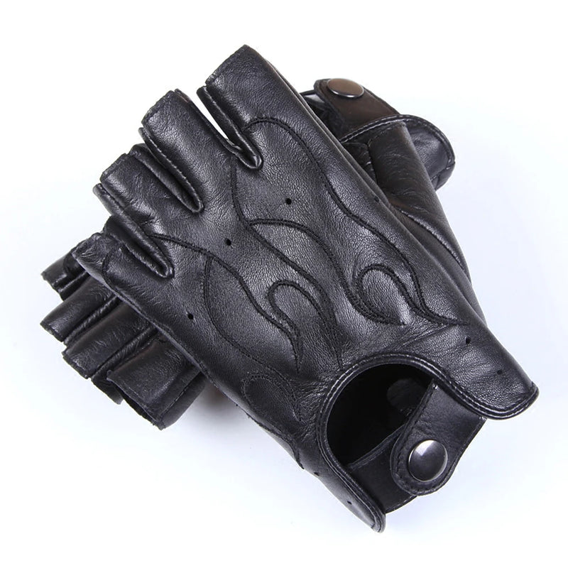 Genuine Leather Semi-Finger Gloves Male Imported Flame Pattern Embroidery Anti-Slip Men Mittens