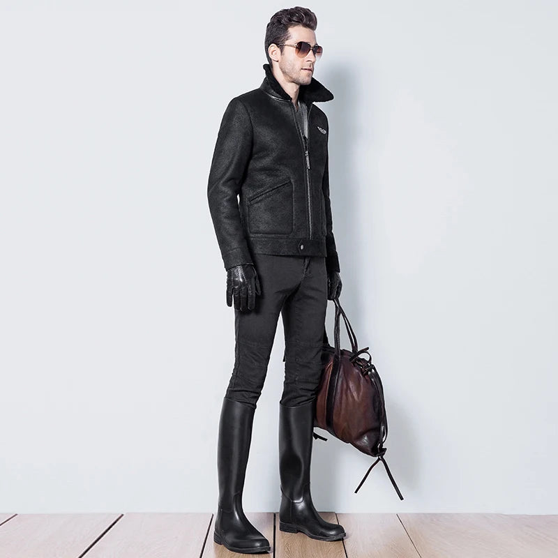 Mens Shearling Jacket Double-Face Fur Coat Leather Jacket Air Force Casual Jacket