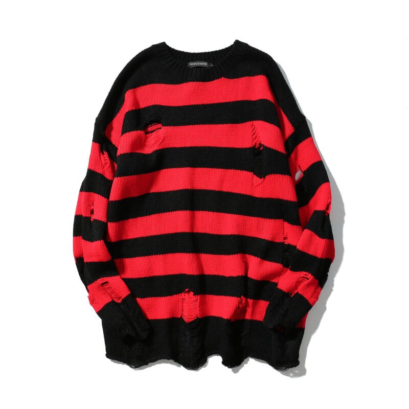 Ripped Stripe Knit Sweaters Men Hip Hop Hole Casual Pullover Sweater Male Loose Long Sleeve Sweaters Red Black