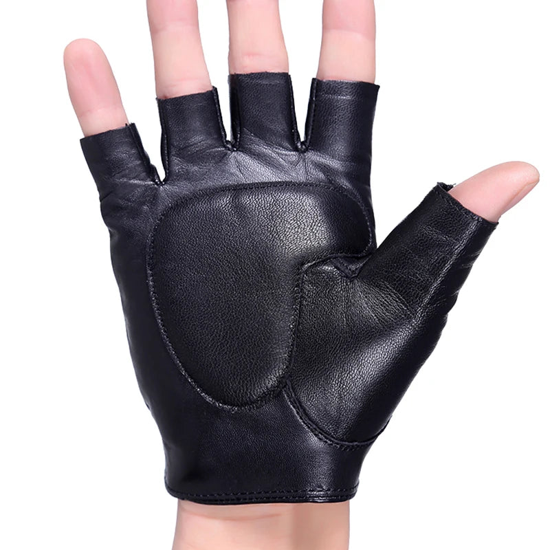 Black Semi-Finger Gloves Genuine Leather Male Mitring Ride Motorcycle Men Half Finger Driving Gloves