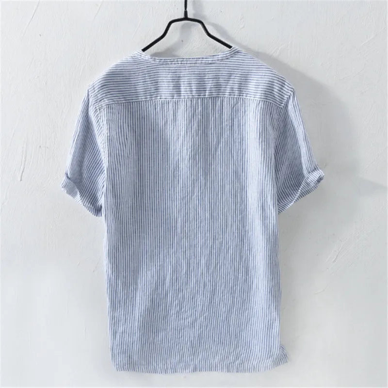 Linen Shirts Short Sleeve Tops Striped Breathable Causal Male Social Dress Shirts