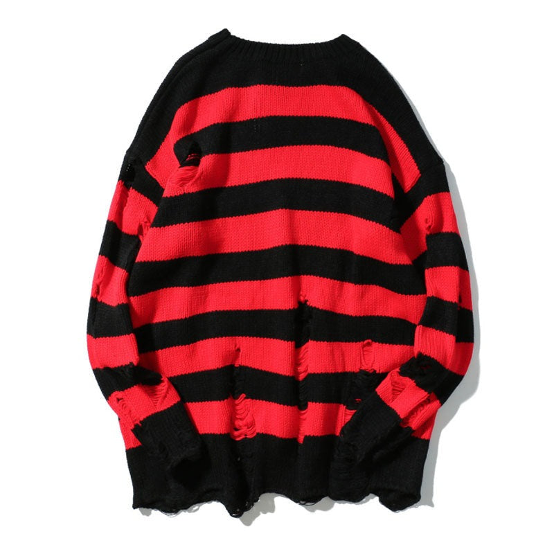 Ripped Stripe Knit Sweaters Men Hip Hop Hole Casual Pullover Sweater Male Loose Long Sleeve Sweaters Red Black