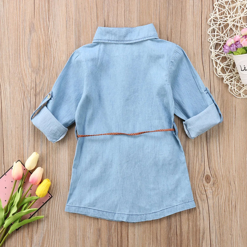 Baby Toddler Kids Girl Denim Pocket Dress Long Sleeve Party Princess Dresses With Belt