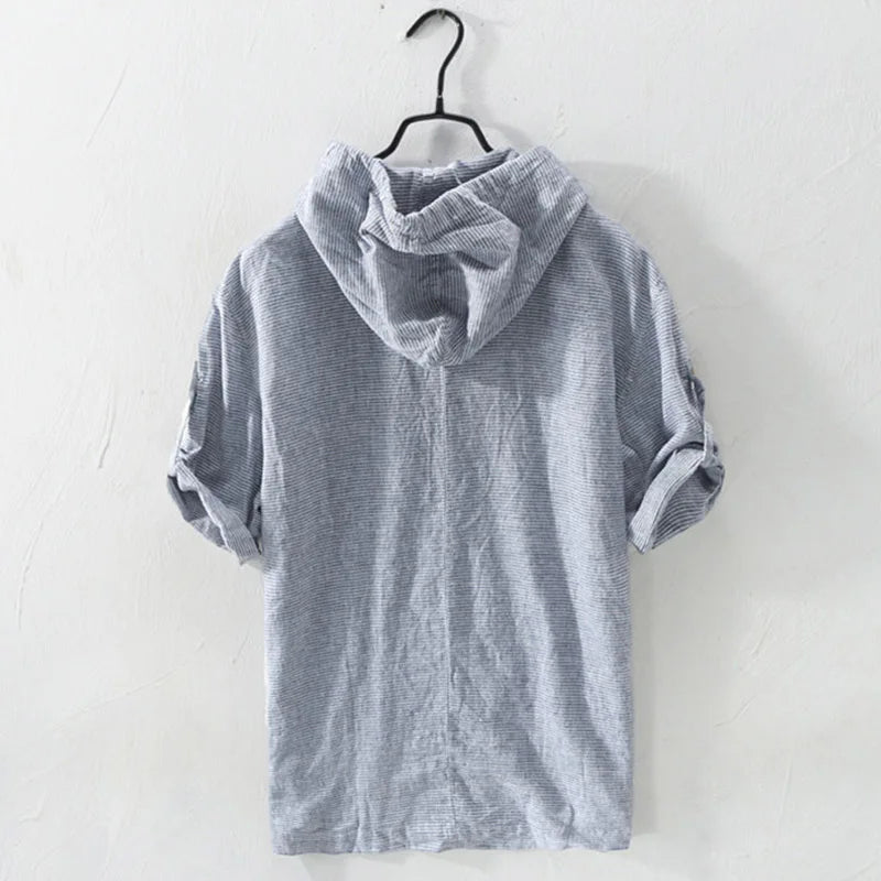 Summer Men Hooded Linen Shirts Breathable Short Sleeve Tops Striped Causal Male