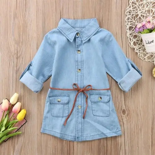 Baby Toddler Kids Girl Denim Pocket Dress Long Sleeve Party Princess Dresses With Belt