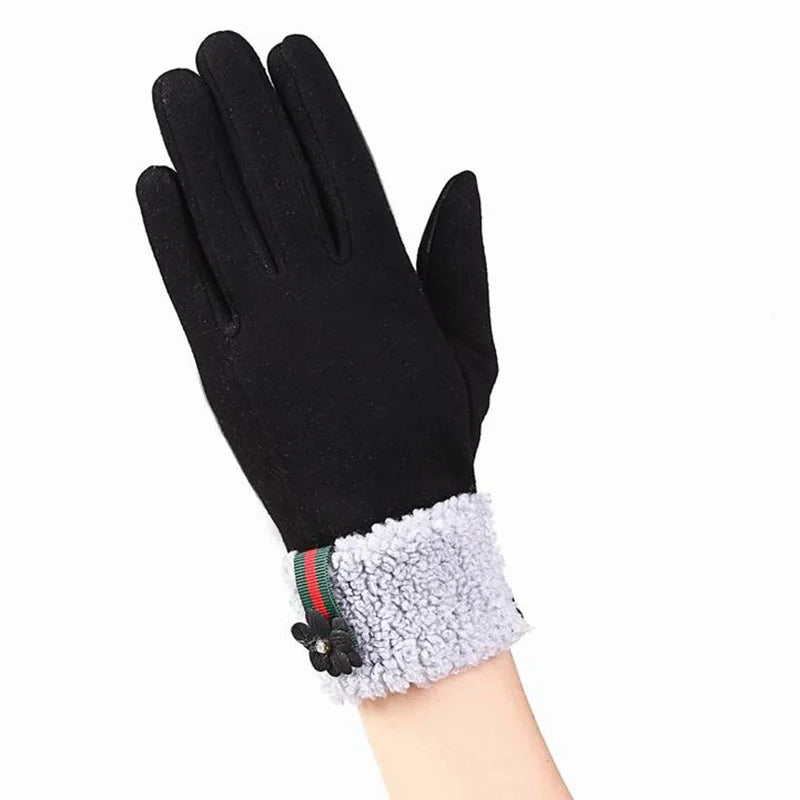 Female Winter Sports Fitness Warm Gloves Fashion Women Wrist Flowers Plus Cashmere Cotton Full Finger Touch Screen Gloves 13F