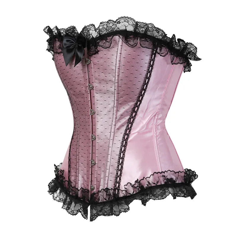 Pink Corset Top Bustier with Lace Up Trim Satin Overbust Ladies Shaper Victorian Floral Princess Red