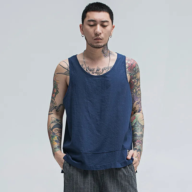 Summer Men Linen Tank Tops Thin Breathable Sleeveless Shirts Male Causal Tees Solid