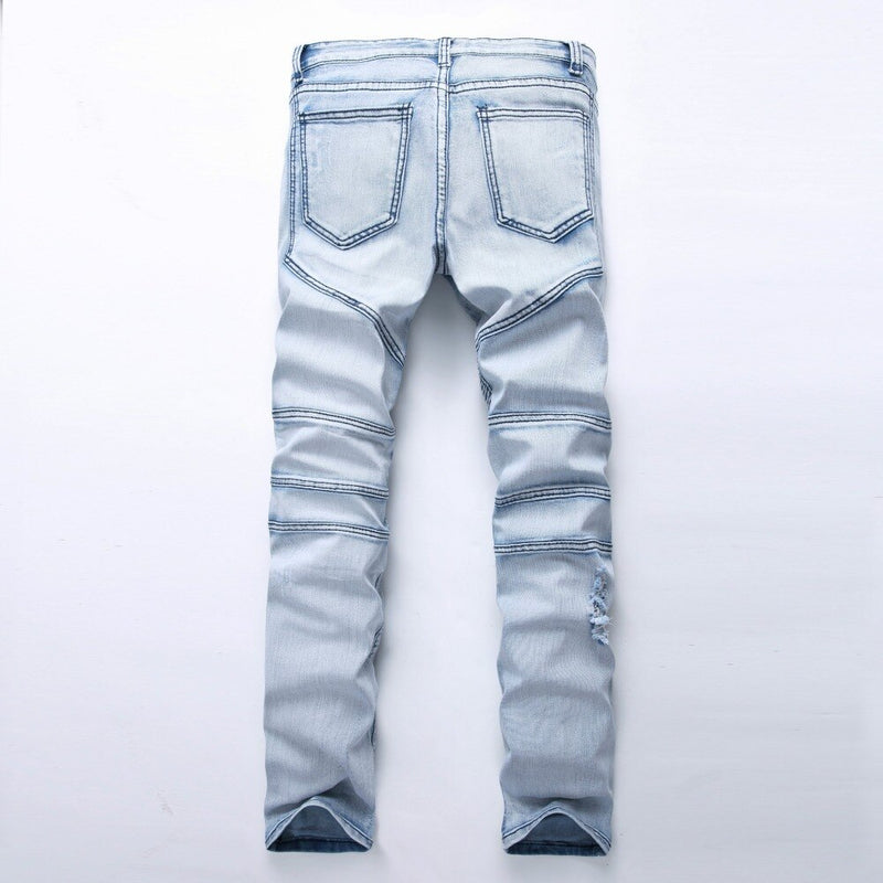 Men jeans Washed Light blue Moto Denim Pants Ripped Rider Biker Jeans Motorcycle Hip Hop For Skinny Stretch Hip Hop