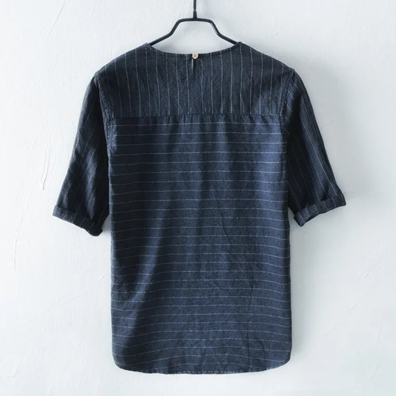 Summer Solid Linen T Shirts Men Short Sleeve Breathable Striped Male Tee Shirts