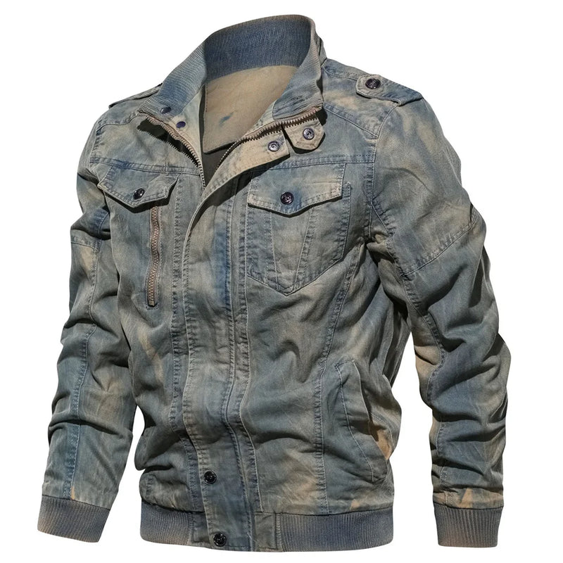 Military Denim Jacket Men Washed Bomber Jackets Male Slim Fit Jeans Coats