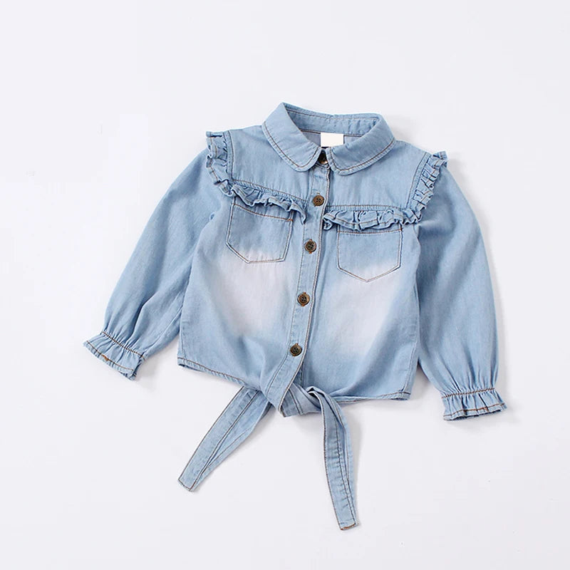 Summer shirt cotton girls clothes casual ruffles denim blouse kids toddler baby girls