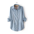 Women Summer Blouse Mid-Long Cute Jeans Shirt Long Sleeve Female Ladies Thin Denim Shirts Blue