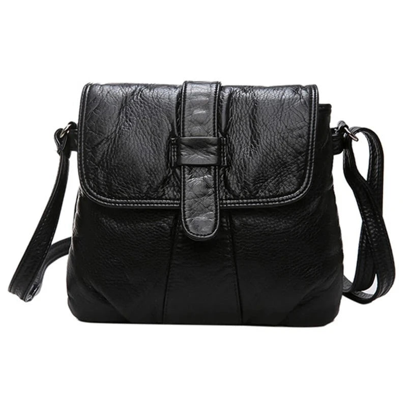 Women Crossbody Bag Black Soft Washed Leather Shoulder Bag Small Size Messenger Bag Quality Lady Purse