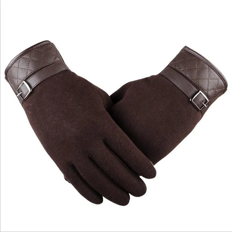 Men's Black Winter Warm Gloves For Wool Leather Wrist Soft Cashmere Touch Screen Gloves