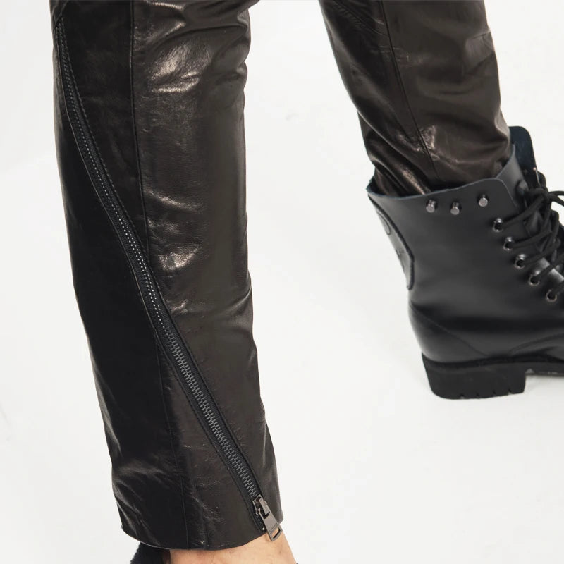 Men Leather Pants Moto&Biker Punk Rock Pants Slick Smooth Leather Trousers