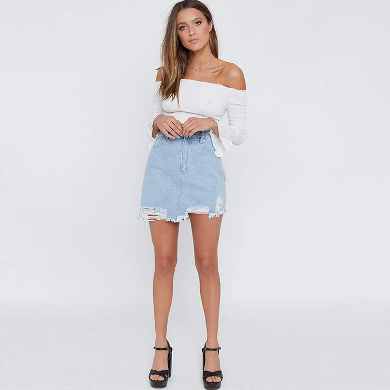 Tassel Skirt Denim Women Irregular Ripped Jeans Short Skirts High Waist