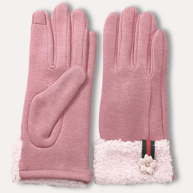 Female Winter Sports Fitness Warm Gloves Fashion Women Wrist Flowers Plus Cashmere Cotton Full Finger Touch Screen Gloves 13F