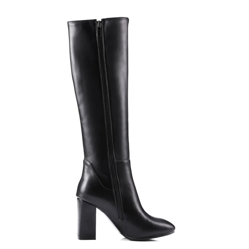 Winter Boots Women Leather Block High Heel Tall Long Boots Female Zipper Ladies Shoes