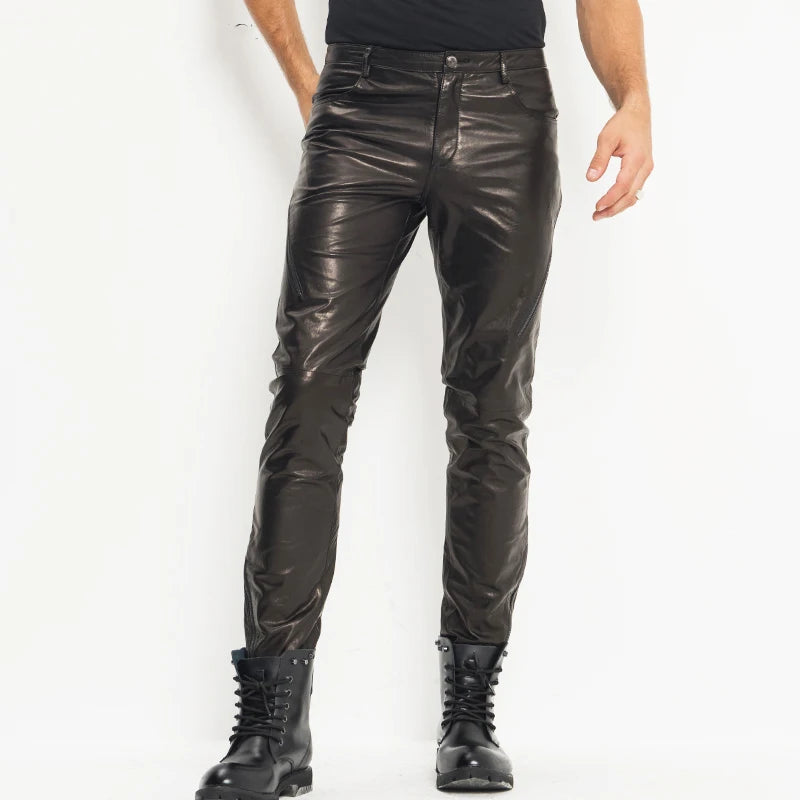 Men Leather Pants Moto&Biker Punk Rock Pants Slick Smooth Leather Trousers