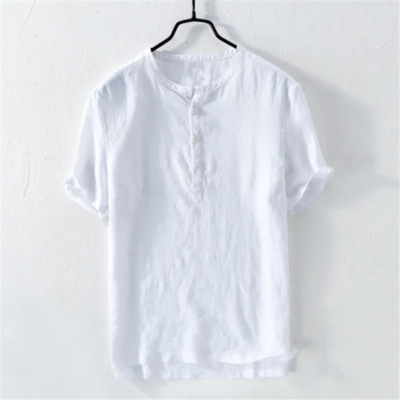 Linen Shirts Short Sleeve Tops Striped Breathable Causal Male Social Dress Shirts