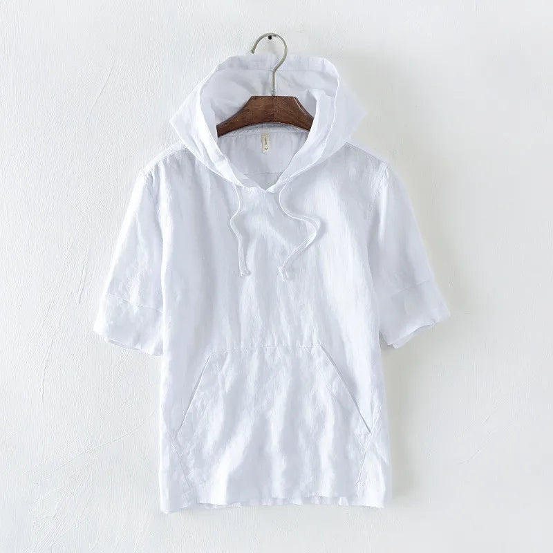 Summer Causal Men Hooded T shirts Breathable Linen Tee Shirts Half Sleeve Solid