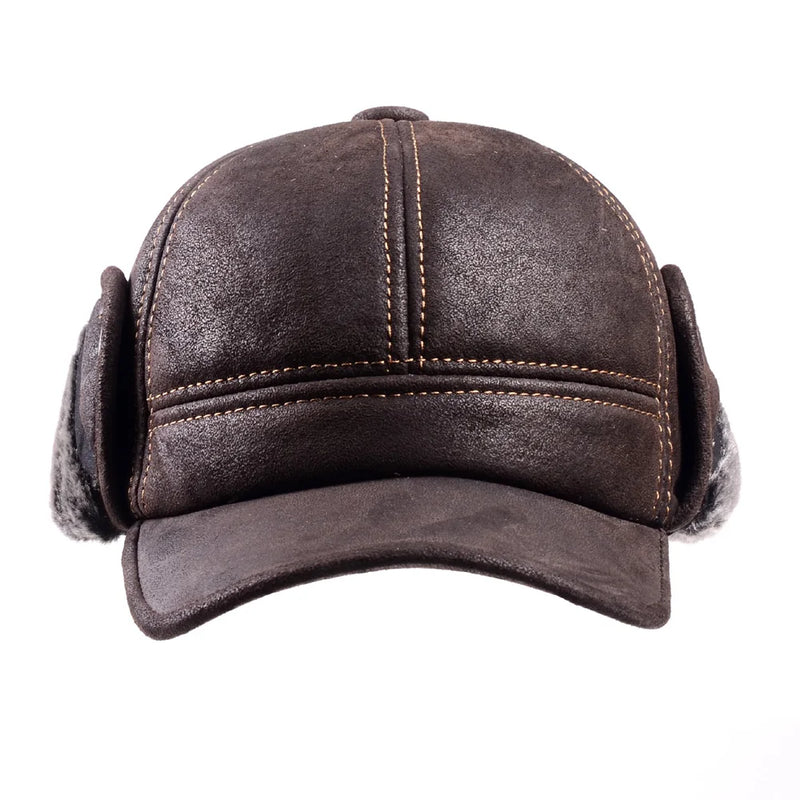 Winter Genuine Leathers Bomber Hat Man Nubuck Thick Head Warm Dome Caps Elder