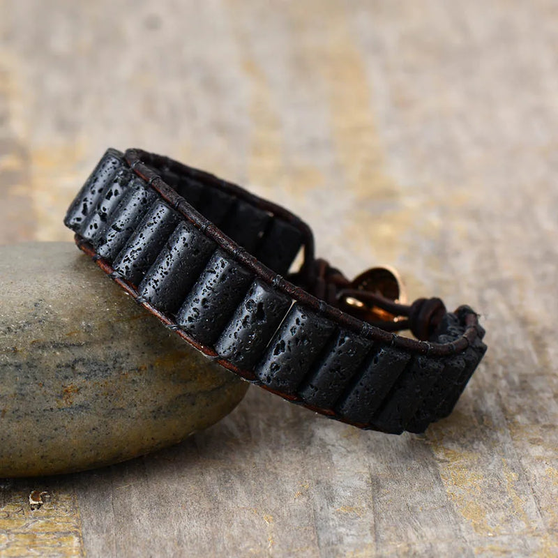 Man Wrap Bracelet Lava Stone Steampunk Gothic Hiphop Rock Single Leather Bracelets Couples Lovers Male Female Jewelry