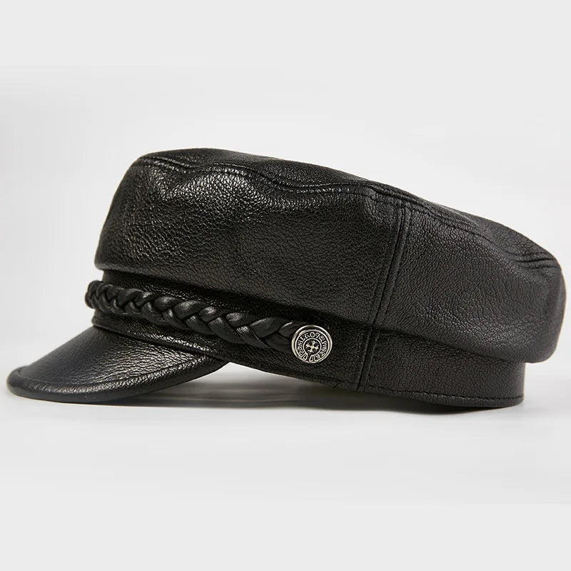 Genuine Leather Women Autumn-winter Cap Flat-top Black Outdoor Lady Hats